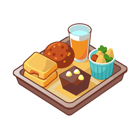 Cartoon Food Tray with Sandwich, Cookie, Brownie, Drink, and Salad in Isometric Viewのイラスト素材