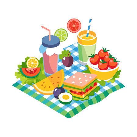 Vibrant Flat Vector Picnic Scene with Food and Drinks on Gingham Blanketのイラスト素材
