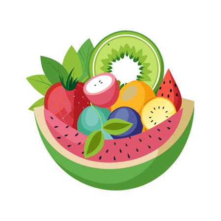 Colorful fruit bowl flat vector illustration featuring kiwi, watermelon, strawberries, and blueberries.のイラスト素材