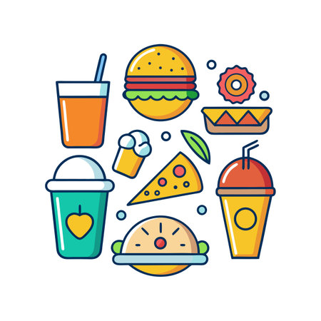 Colorful Flat Design Fast Food Icon Set Illustration on White Backgroundのイラスト素材