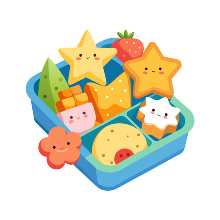 Adorable Cartoon Lunchbox Filled with Healthy Food Items like Star-Shaped Snacks and Fruitのイラスト素材