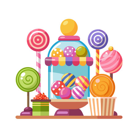 Colorful candy arrangement: lollipops, jar, and sweets on a white background.のイラスト素材