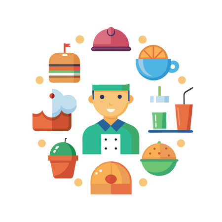 Flat Design Food Service Worker Surrounded by Delicious Treats and Drinks, Isolated on Whiteのイラスト素材