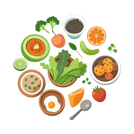 Flat lay illustration of healthy food assortment including vegetables fruits and protein sources on white backgroundのイラスト素材