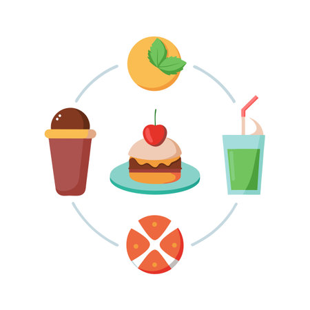 Healthy Food Circle: Dessert and Drink Icons Arranged in Circular Pattern on Whiteのイラスト素材
