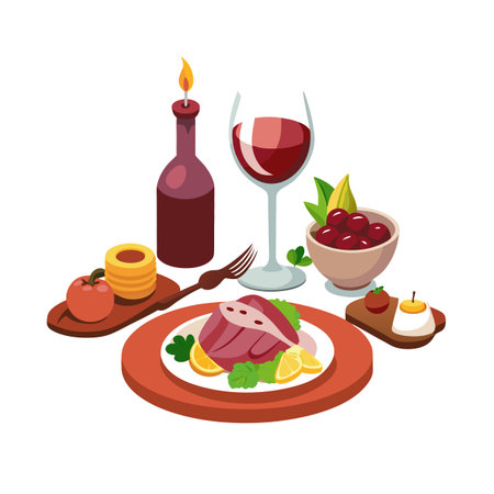 Elegant Dinner Still Life with Wine, Steak, Cherries and Dessert in Flat Styleのイラスト素材