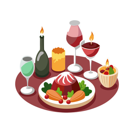 Celebratory Food and Drink Arrangement on Serving Tray with Candles in Flat Vector Styleのイラスト素材