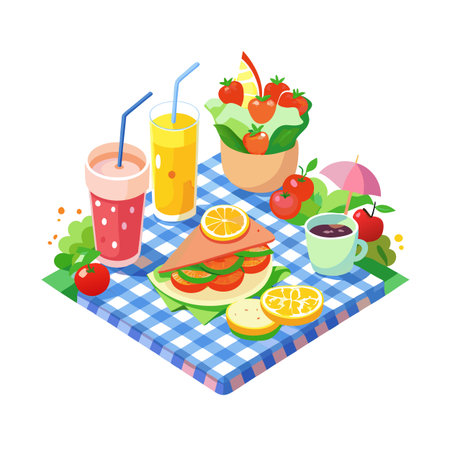 Isometric picnic scene with sandwich, juices, coffee, fruits on blue checkered tablecloth for brandingのイラスト素材