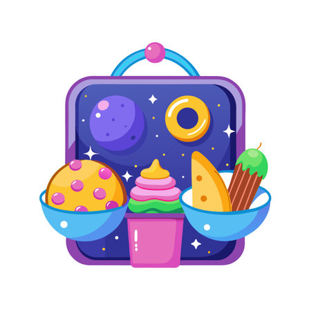 Fun cartoon lunchbox with space planets and colorful food concept vector illustrationのイラスト素材