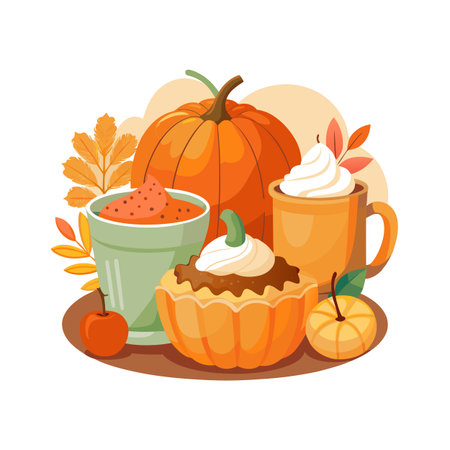 Autumn Harvest Still Life with Pumpkins, Drinks, and Seasonal Elements in a Festive Arrangementのイラスト素材