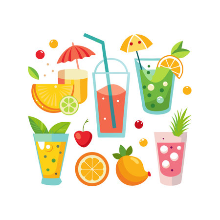 Colorful Summer Cocktails and Citrus Fruits Flat Illustration for Beverage Themed Designsのイラスト素材
