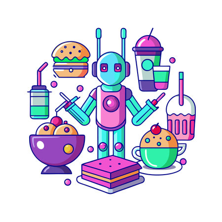 Colorful Robot Surrounded by Fast Food and Desserts on a White Background Illustrationのイラスト素材