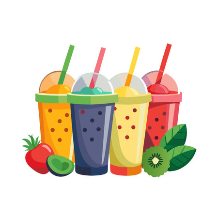 Row of four colorful fruit smoothies with straws and fresh fruit on a white backgroundのイラスト素材