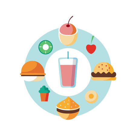 Circular Food Pattern: A colorful array of delicious treats and a beverage illustrationのイラスト素材