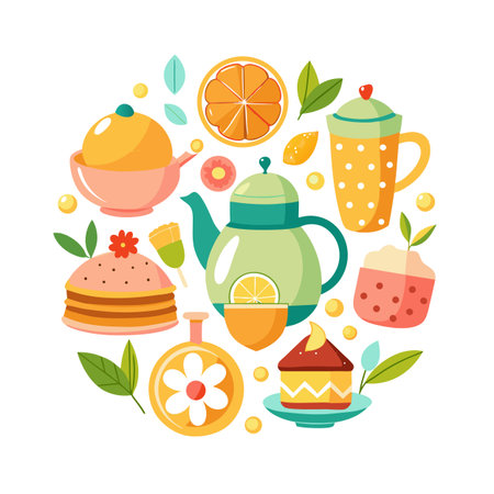 Whimsical Tea Party Illustration: A delightful arrangement of teapots, cakes and citrus fruits in circle compositionのイラスト素材