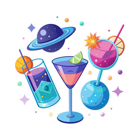 Cosmic Cocktails: Vibrant and playful beverage illustrations with planetary elements in a modern flat styleのイラスト素材