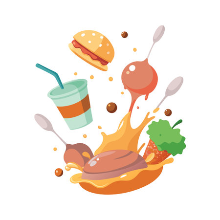 Floating Fast Food Icons: Burger, Drink, and Hotdog in Fun, Cartoon Style Graphicのイラスト素材