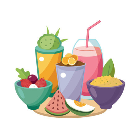 Variety of Colorful Fruit Bowls and Drinks on Wooden Tray, Healthy Eating Conceptのイラスト素材