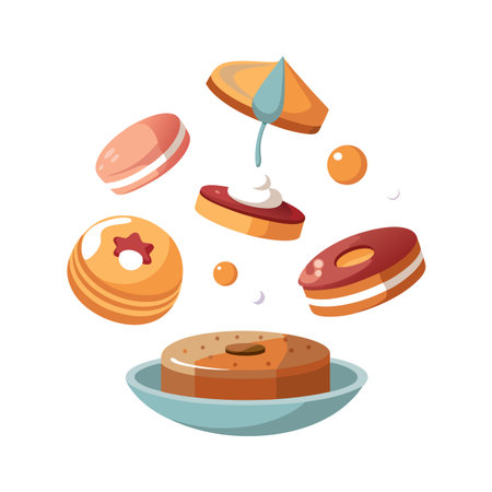 Colorful Cartoon Desserts Floating above a Plate with a Large Donutのイラスト素材