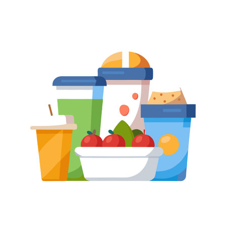 Healthy Lunch Containers and Fruit Bowl on White Background for Commercial Useのイラスト素材