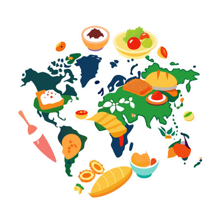 Global Cuisine Map: A World Map Made of Food Illustrations Showcasing International Culinary Delightsのイラスト素材