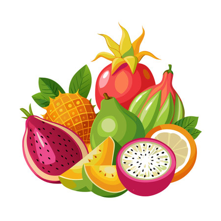 Assorted tropical fruits including dragon fruit, horned melon, and others in an eye-catching arrangement.のイラスト素材