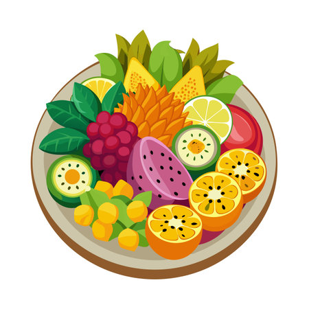 Colorful Bowl of Assorted Tropical Fruits, flat illustration style, vibrant colorsのイラスト素材
