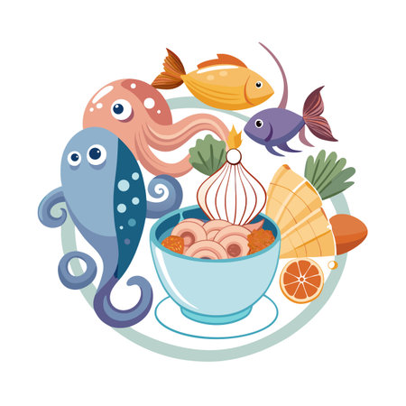 Colorful Cartoon Seafood Medley: A Whimsical Illustration of Marine Life and Culinary Delightsのイラスト素材