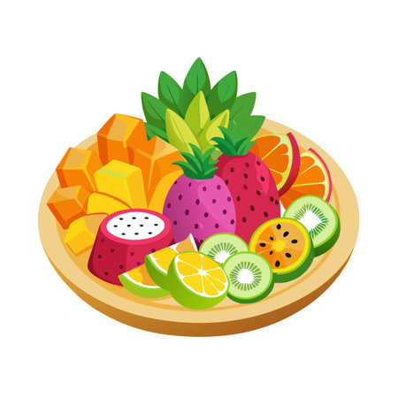 Colorful and diverse fresh fruit platter in an isometric vector illustration styleのイラスト素材