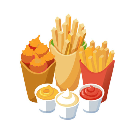 Isometric fast food assortment of french fries, fried chicken and assorted dipping sauces on a white backdropのイラスト素材