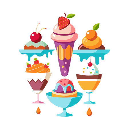 Assorted Dessert Collection: Vector Illustration of Ice Cream Sundaes and Desserts in Dishesのイラスト素材