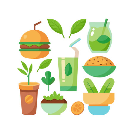 Fresh and Healthy Food Flat Illustration with Burger, Drinks and Saladのイラスト素材