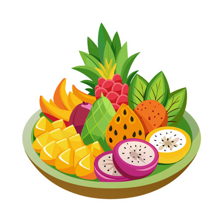 Exotic Fruit Platter: Colorful Tropical Fruits in a Flat Vector Illustrationのイラスト素材