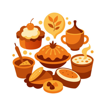 Festive Thanksgiving dessert circle composition featuring pie, muffins, and a steaming beverage in fall colors.のイラスト素材