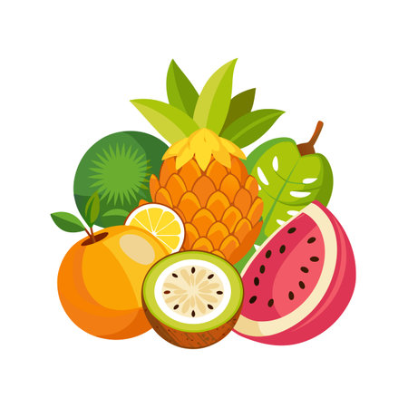 Assorted vibrant tropical fruits arrangement including pineapple, orange, watermelon and passion fruit.のイラスト素材