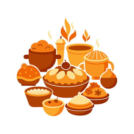 Illustration of various traditional autumn desserts and drinks arranged in a circle on whiteのイラスト素材