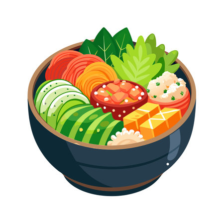 Colorful Vegan Poke Bowl Illustration with Fresh Vegetables and Plant-Based Protein on Whiteのイラスト素材