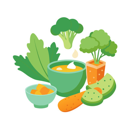 Colorful Vector Illustration of Fresh Vegetables and Soup for Healthy Food Conceptsのイラスト素材