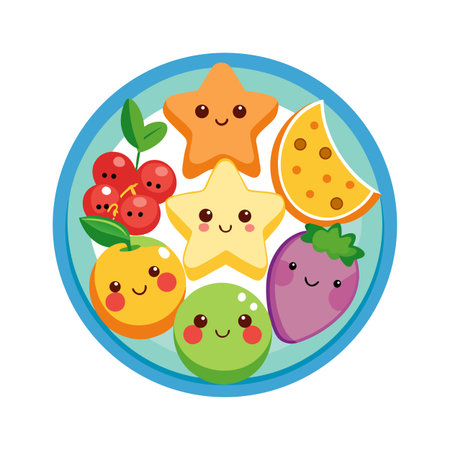 Cute Cartoon Fruit Characters Arranged on a Plate with Smiling Facesのイラスト素材