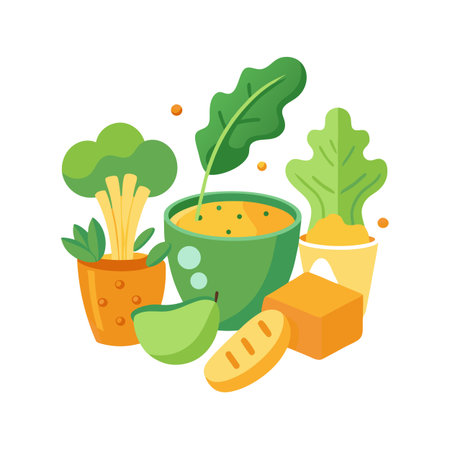 Healthy meal flat illustration featuring soup, bread, pear and fresh green leafy vegetablesのイラスト素材