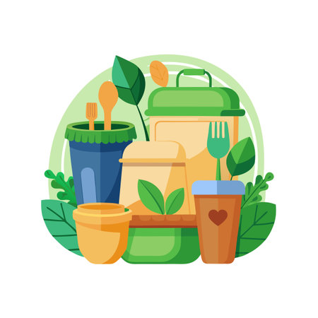 Eco-Friendly Food Storage: Reusable Containers and Cutlery with Green Foliage for Sustainable Livingのイラスト素材
