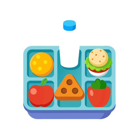 Colorful cartoon style lunchbox with a variety of food items in separate compartments.のイラスト素材