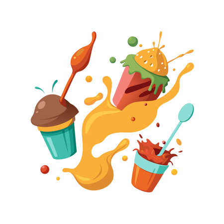Colorful sweet desserts splash amidst joyful chaotic food celebration on white backgroundのイラスト素材