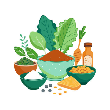 Illustration of colorful bowls containing food ingredients like vegetables, fish, and grains on a white backgroundのイラスト素材