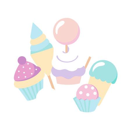 Cute Pastel Dessert Collection Featuring Cupcakes Ice Cream and Lollipop Isolated on Whiteのイラスト素材