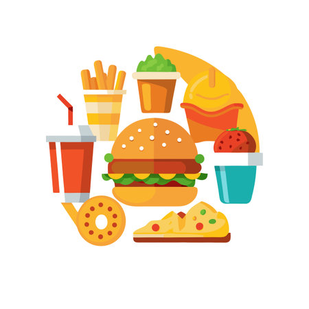 Colorful Flat Illustration of Fast Food Items Arranged in a Circular Patternのイラスト素材
