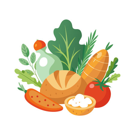 Fresh Food Composition: A vector illustration featuring bread, vegetables, and a sauce bowl on a white background.のイラスト素材