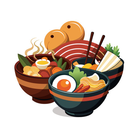 Stylized illustration of Asian noodle bowls with colorful ingredients, chopsticks, and vibrant garnishes against a white backgroundのイラスト素材