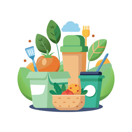 Colorful vector illustration of healthy eating concept with fresh ingredients and kitchen toolsのイラスト素材