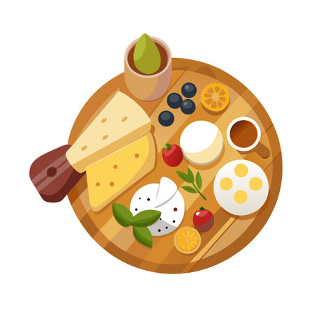 Flat lay of cheese platter with fruits, nuts, and sauces on wooden boardのイラスト素材